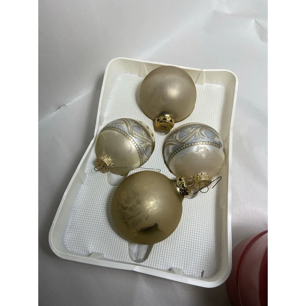 4 Vintage Gold  and Decorated Balls in Box 2.5 inch Not Perfect